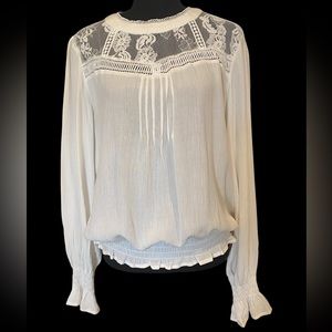 NWT White Crinkled Rayon American Rag Blouse with Lace Inserts
